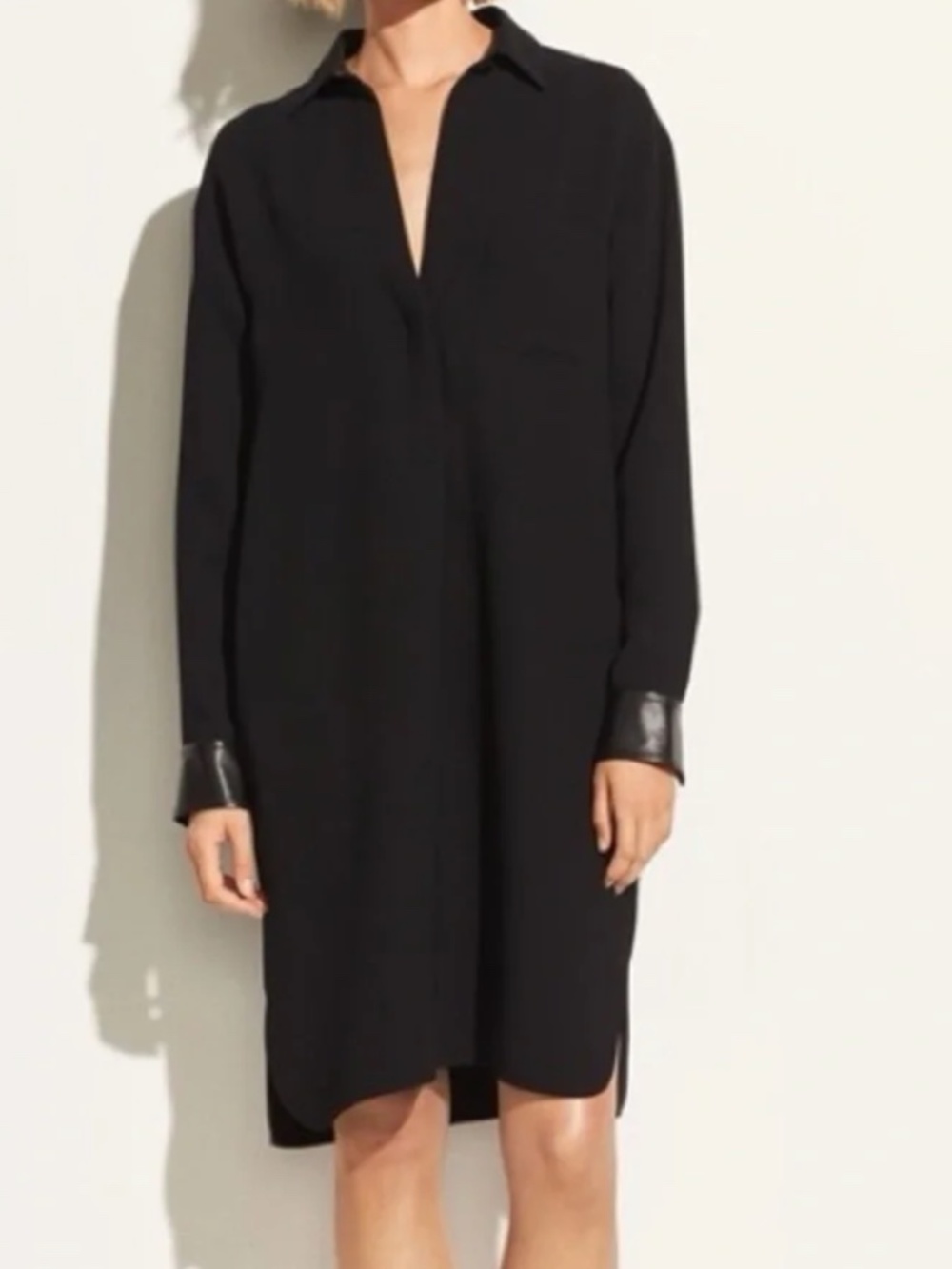 Vince Black Long-Sleeve Shift Dress with Leather Cuffs